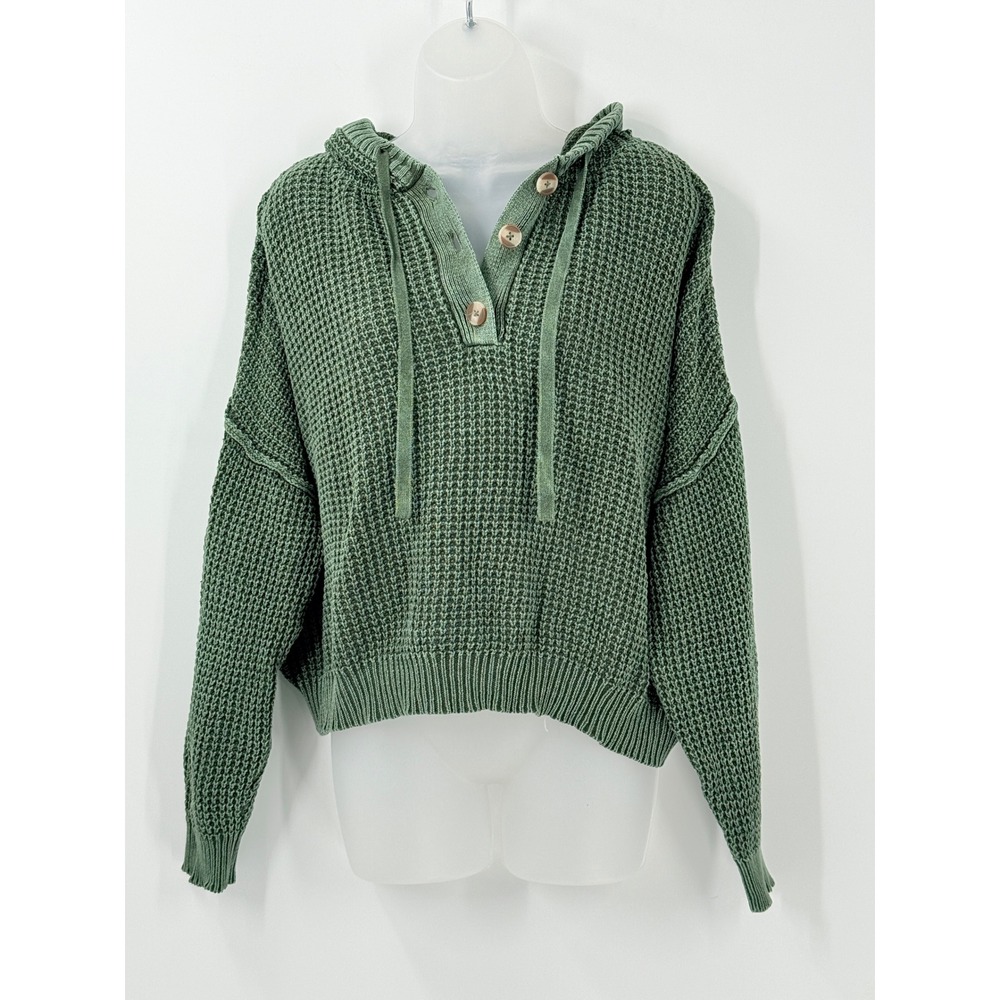 Natural Reflections Cropped Waffle Knit Sweater Henley Hoodie Womens sz M preppy